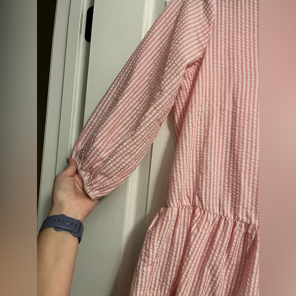 Petal & Pup Astro Pink Stripe Seersucker Babydoll Button Down Flowy Dress - Picture 12 of 14